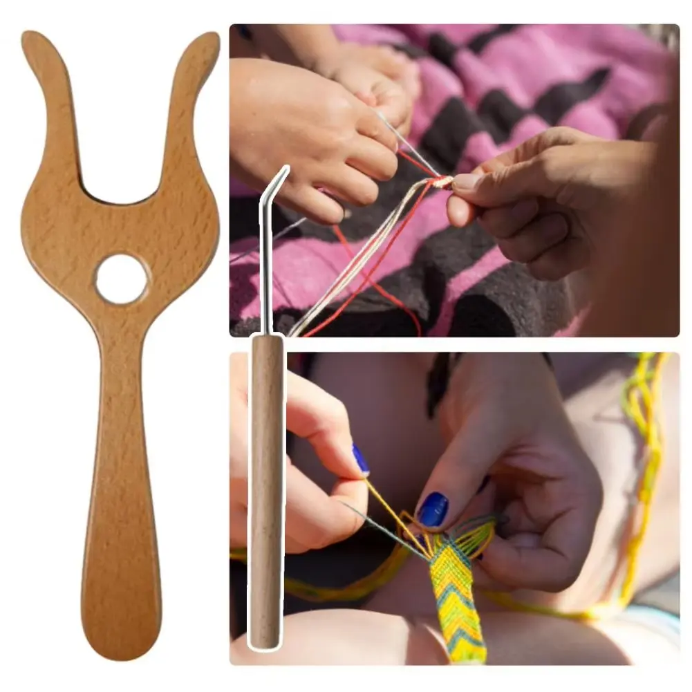 1set Wood Knitting Fork with Hook Hand Cut Lucet Cord Braiding Fork DIY Weaving Tool for Crochet Drawstring Scarves Making