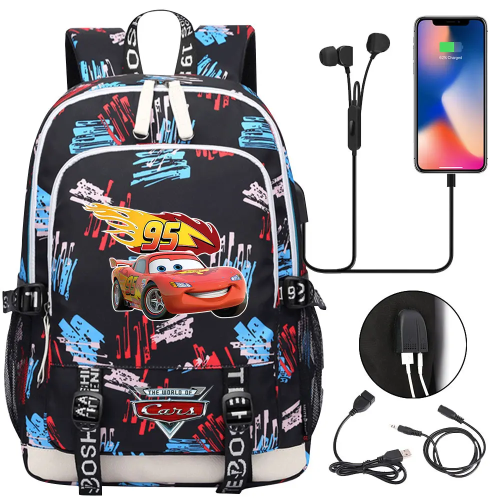 Cars Lightning McQueen USB Boy Girl Kids Book School Bags Teenagers Student Women Men Laptop Travel Backpack