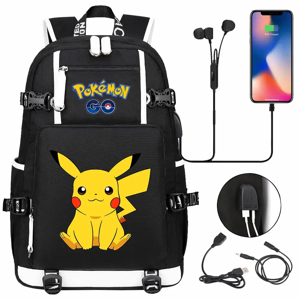 New Pikachu Prints USB Teenagers Schoolbags Women Men Laptop Travel Backpack Girl Boys Kids School Book Bags
