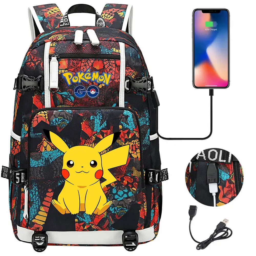 New Pikachu Prints USB Teenagers Schoolbags Women Men Laptop Travel Backpack Girl Boys Kids School Book Bags