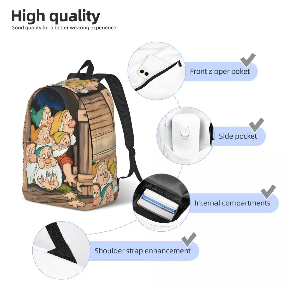 Custom Snow White And The Seven Dwarfs Canvas Backpacks for Women Men Waterproof College School Cartoon Bag Print Bookbag
