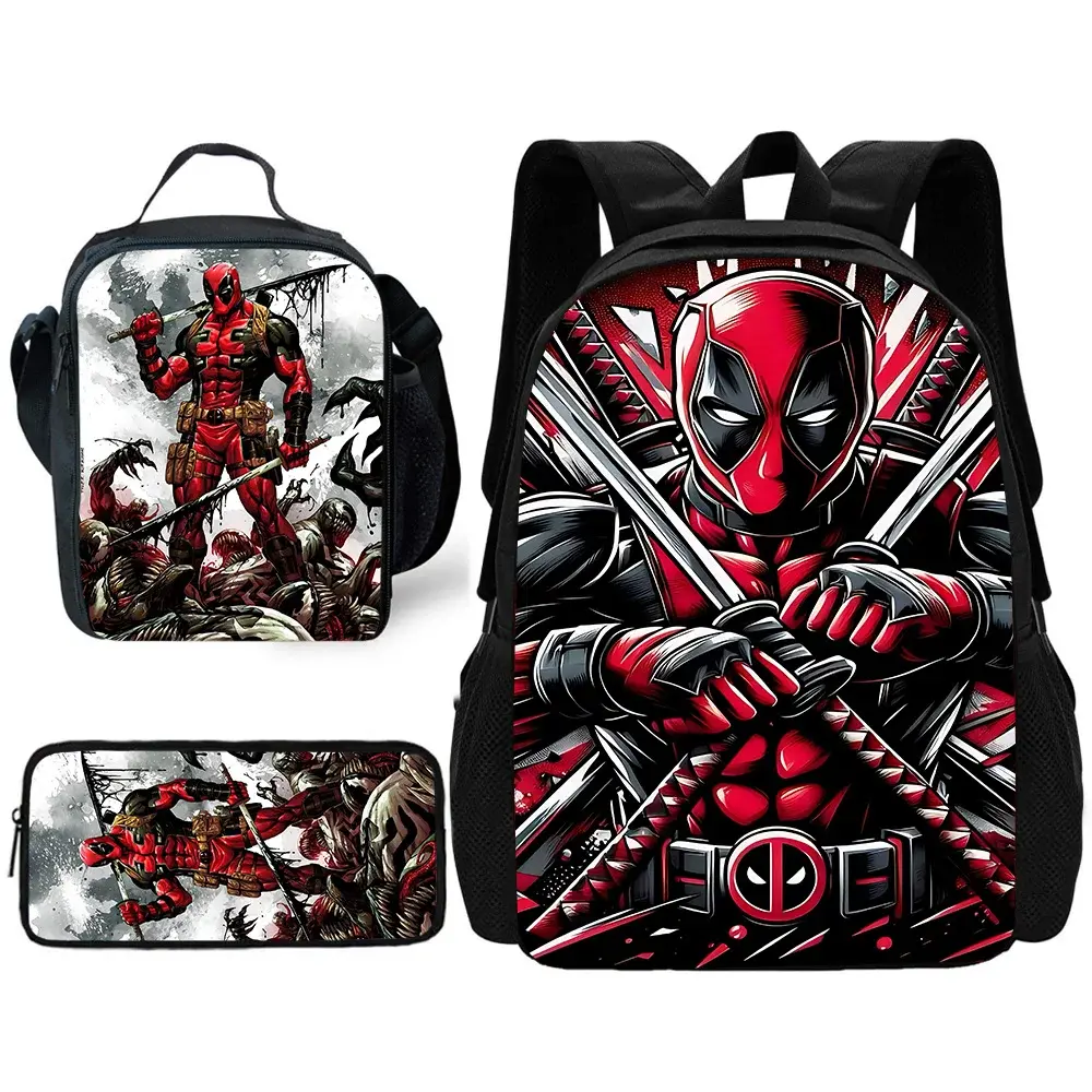 Child School Cartoon Deadpools S-Super Heroes Backpack with Lunch Bags ,Pencil Bags ,School Bags for Boys Girls Best Gift