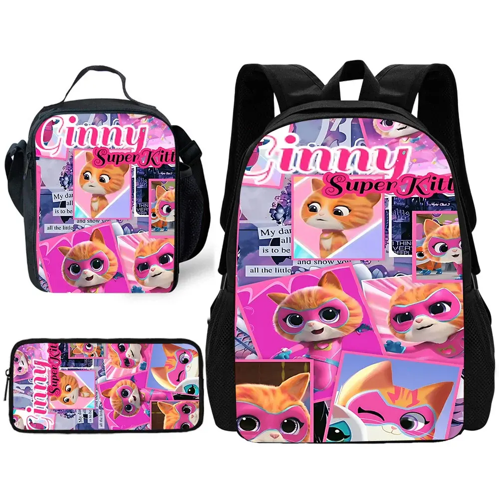 Child School Cute Cartoon S-SuperKitties Backpack with Lunch Bags ,Pencil Bags ,School Bags for Boys Girls Best Gift