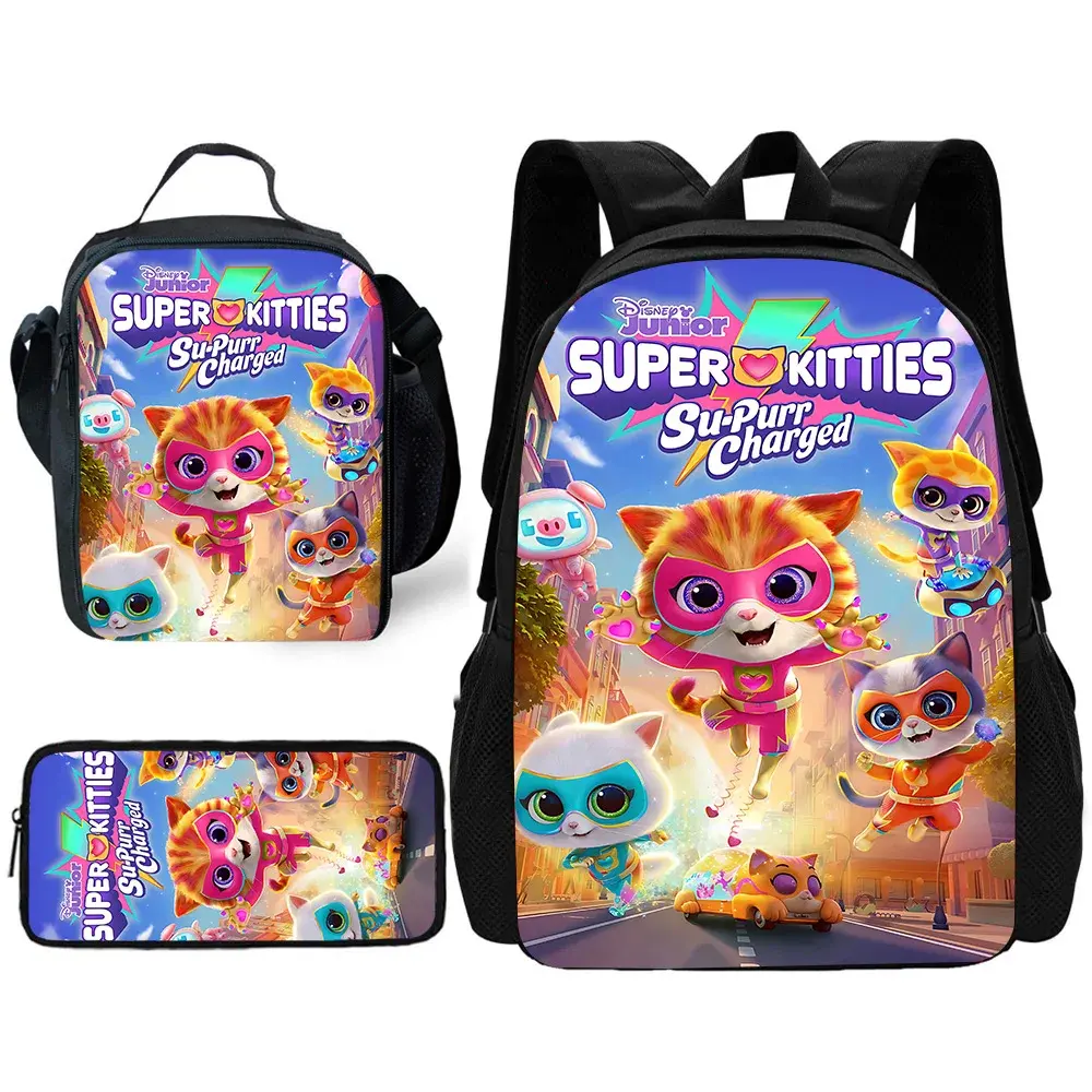 Child School Cute Cartoon S-SuperKitties Backpack with Lunch Bags ,Pencil Bags ,School Bags for Boys Girls Best Gift