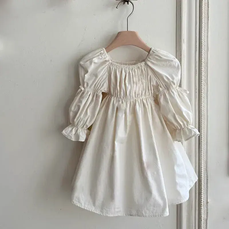 Korean Baby Girls Puff Sleeve Dress Mommy Daughter Matching Cotton Clothing Linen Casual Wear Middle East Spring New Dress