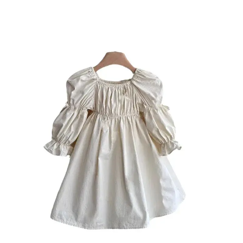 Korean Baby Girls Puff Sleeve Dress Mommy Daughter Matching Cotton Clothing Linen Casual Wear Middle East Spring New Dress