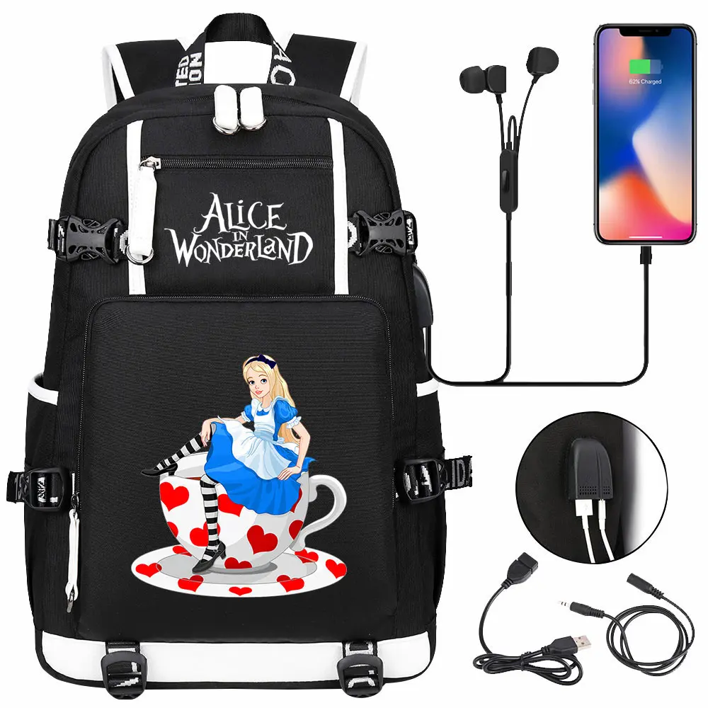 Alice In Wonderland USB Teenagers Schoolbags Women Men Laptop Travel Backpack Girl Boys Kids School Book Bags