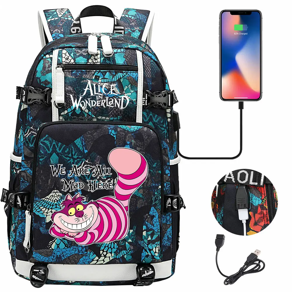 Alice In Wonderland USB Teenagers Schoolbags Women Men Laptop Travel Backpack Girl Boys Kids School Book Bags