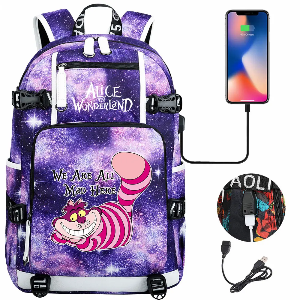 Alice In Wonderland USB Teenagers Schoolbags Women Men Laptop Travel Backpack Girl Boys Kids School Book Bags