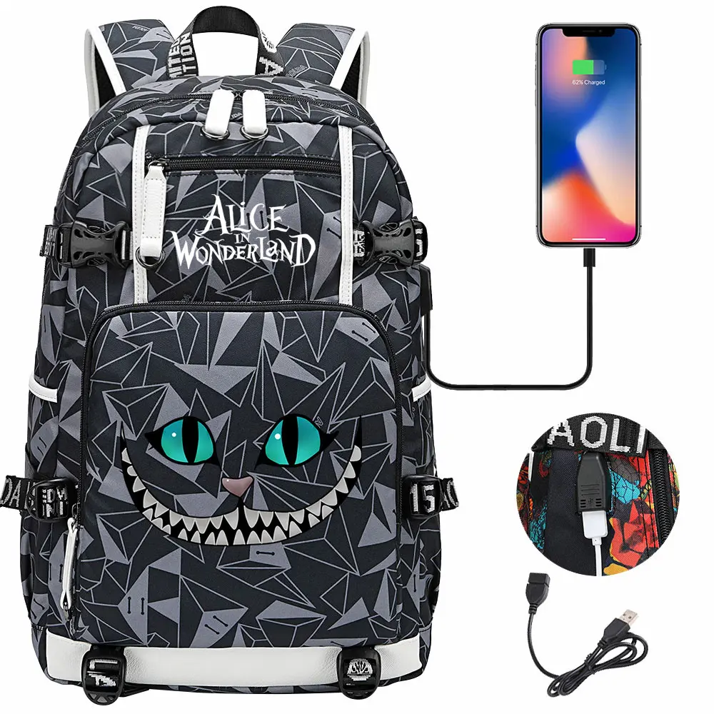 Alice In Wonderland USB Teenagers Schoolbags Women Men Laptop Travel Backpack Girl Boys Kids School Book Bags