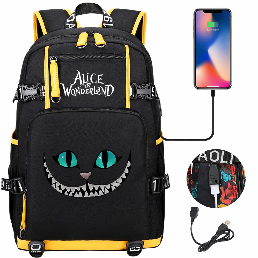 Alice In Wonderland USB Teenagers Schoolbags Women Men Laptop Travel Backpack Girl Boys Kids School Book Bags