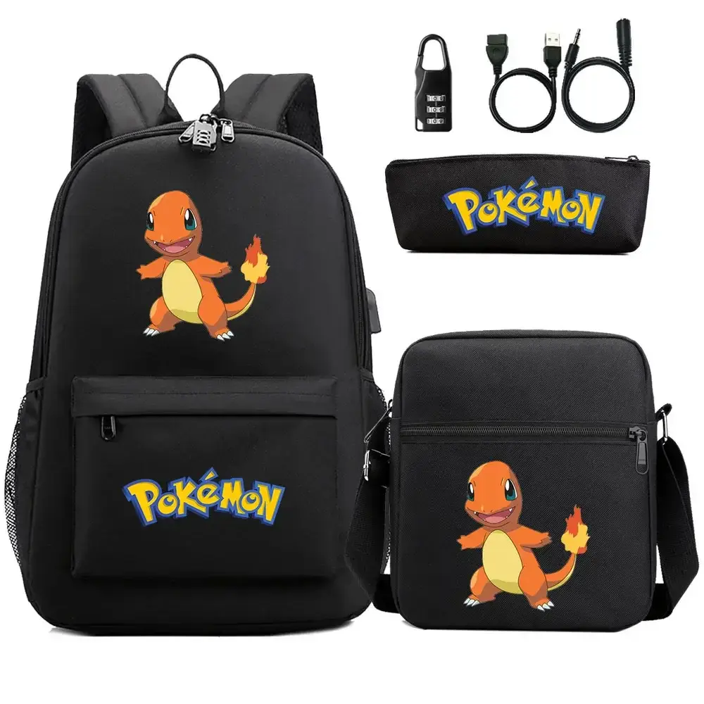 New Charmander Jigglypuff 3Pcs USB Anti-theft Lock Boy Girl Kids School Book Bags Travel Backpack Shoulder  Bag Pen Bags