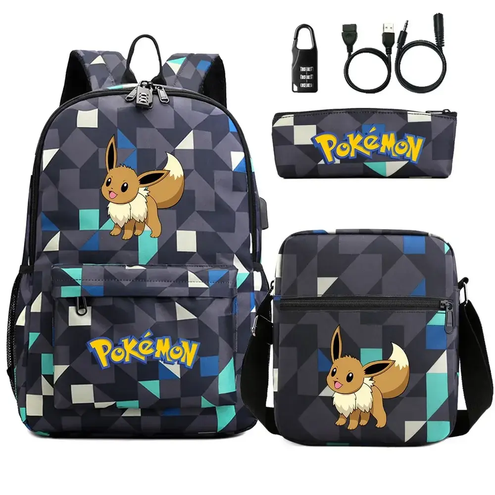 New Charmander Jigglypuff 3Pcs USB Anti-theft Lock Boy Girl Kids School Book Bags Travel Backpack Shoulder  Bag Pen Bags