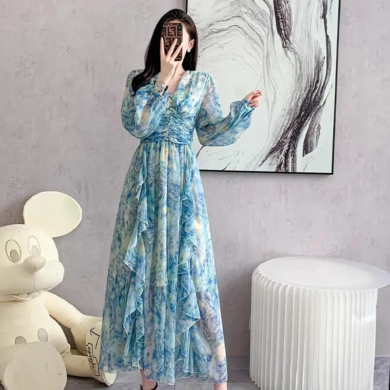 Formal Dresses For Women 2023 Summer New Slim Waist Blue Oil Painting Elegant Party Prom Long Dress Female Luxury Evening Robe