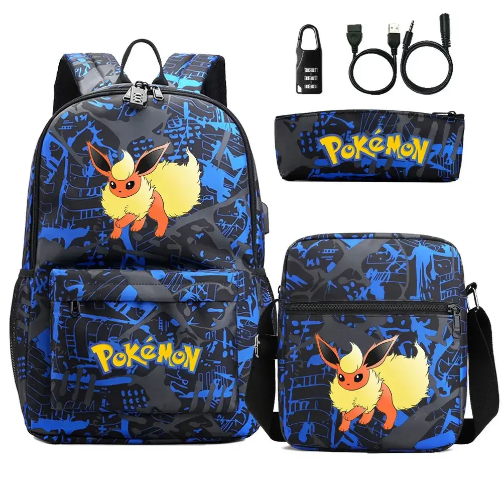New Charmander Jigglypuff 3Pcs USB Anti-theft Lock Boy Girl Kids School Book Bags Travel Backpack Shoulder  Bag Pen Bags