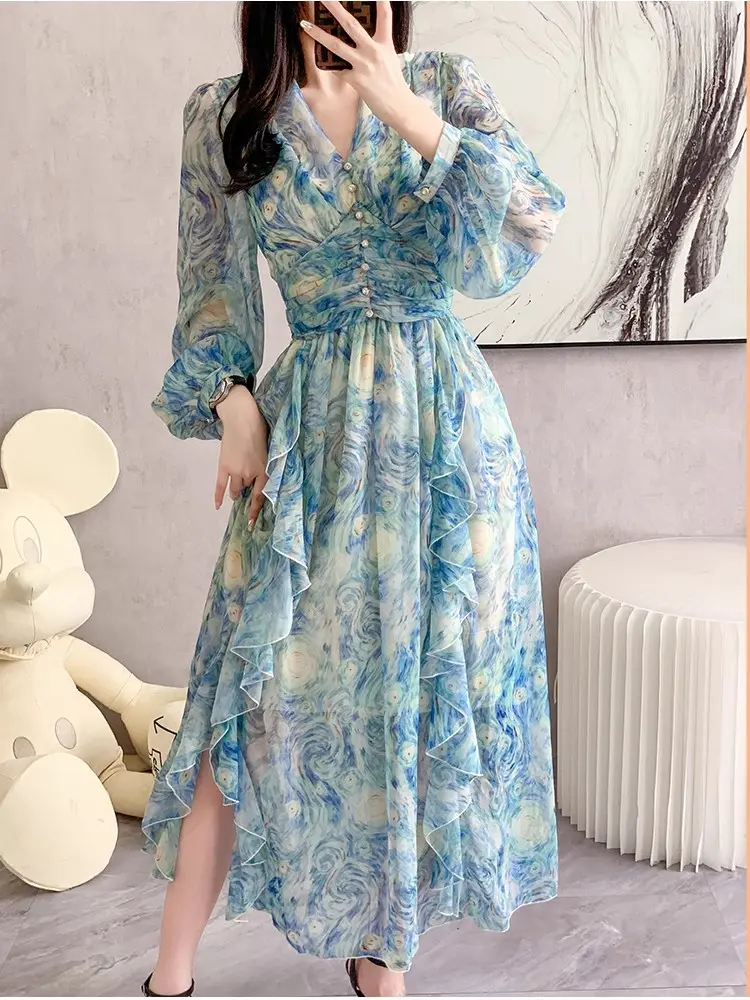 Formal Dresses For Women 2023 Summer New Slim Waist Blue Oil Painting Elegant Party Prom Long Dress Female Luxury Evening Robe