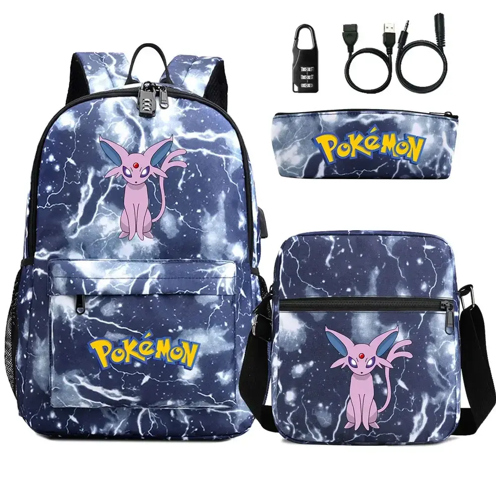 New Charmander Jigglypuff 3Pcs USB Anti-theft Lock Boy Girl Kids School Book Bags Travel Backpack Shoulder  Bag Pen Bags