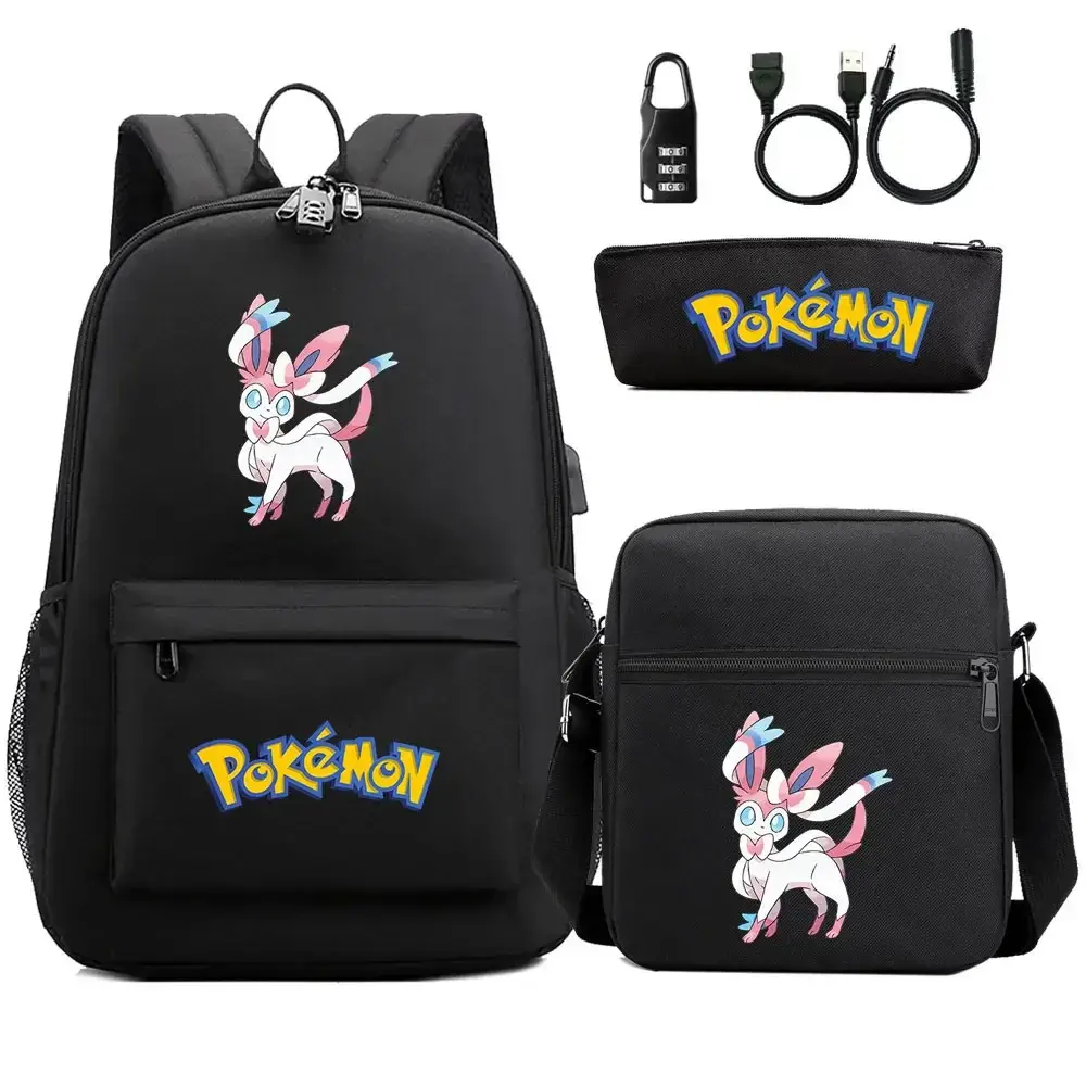 New Charmander Jigglypuff 3Pcs USB Anti-theft Lock Boy Girl Kids School Book Bags Travel Backpack Shoulder  Bag Pen Bags