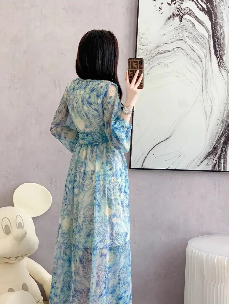 Formal Dresses For Women 2023 Summer New Slim Waist Blue Oil Painting Elegant Party Prom Long Dress Female Luxury Evening Robe