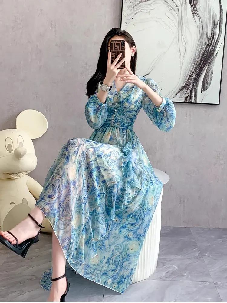 Formal Dresses For Women 2023 Summer New Slim Waist Blue Oil Painting Elegant Party Prom Long Dress Female Luxury Evening Robe