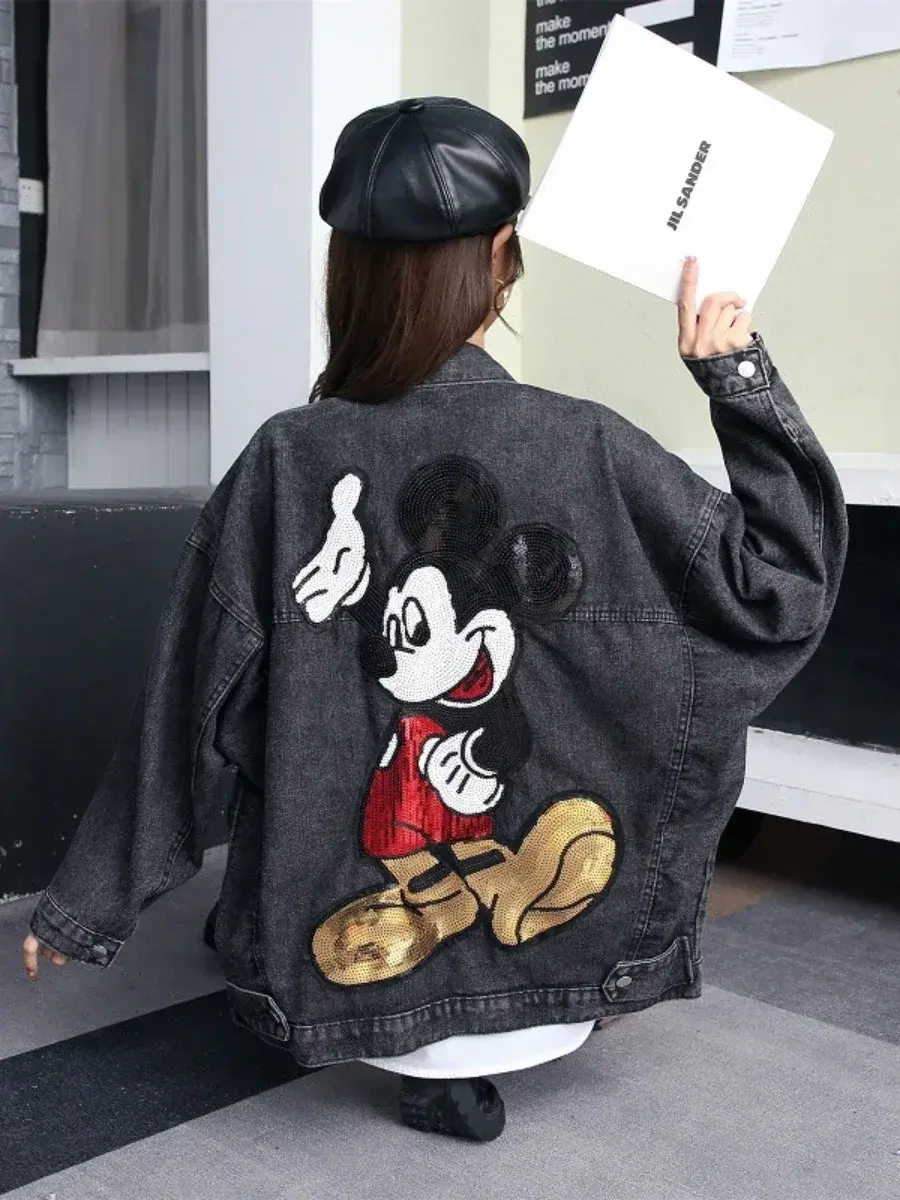 2022 Spring Autumn Long Sleeve Embroidered Sequin Cartoon Oversized Denim Jacket Women Loose Mid-Length Fashionable Jeans Coat