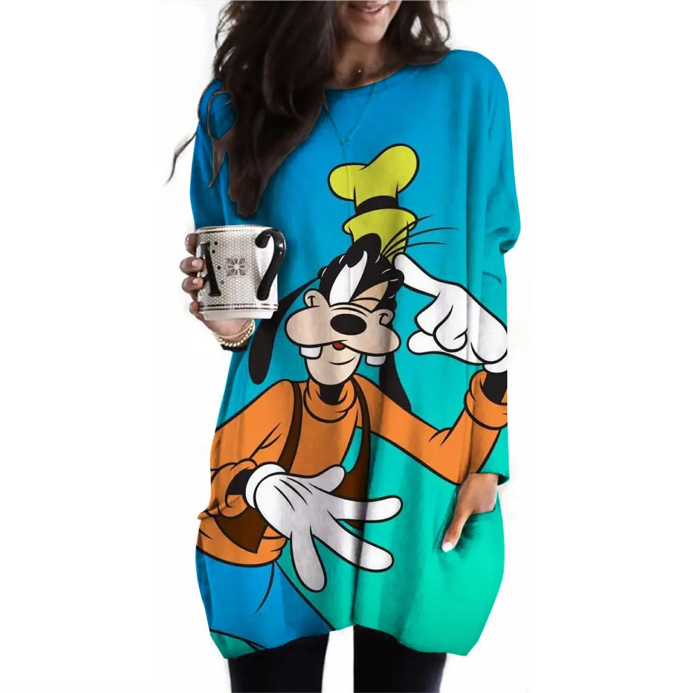 New Disney Goofy Women's T-shirt Casual Women's Pocket T-shirt Clothing Round Neck Pullover Oversized Sports Shirt Women's Autum