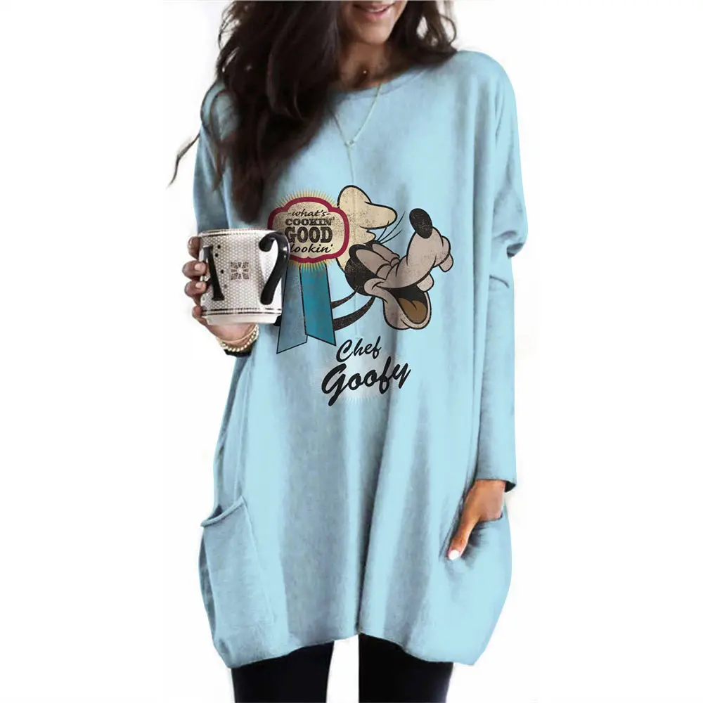 Women's casual Disney Goofy printed long sleeved round neck pocket T-shirt sports shirt women's T-shirt women's top