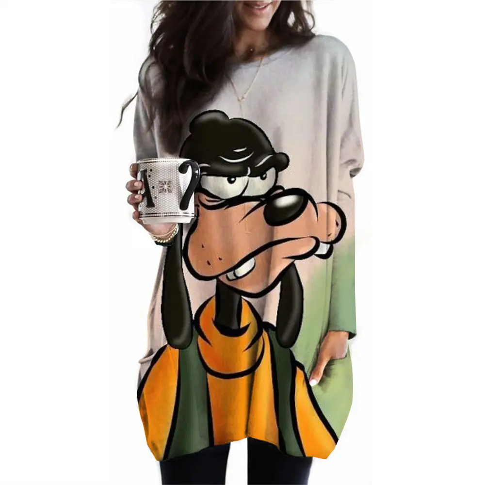 New Disney Goofy Women's T-shirt Casual Women's Pocket T-shirt Clothing Round Neck Pullover Oversized Sports Shirt Women's Autum