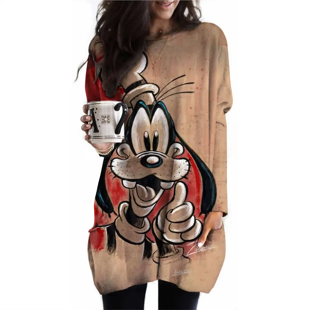 Women's casual Disney Goofy printed long sleeved round neck pocket T-shirt sports shirt women's T-shirt women's top