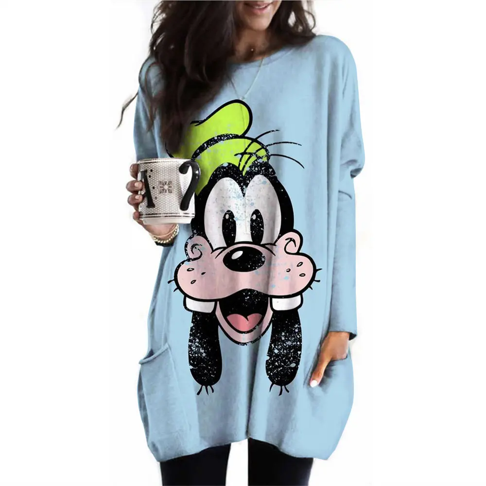 New Disney Goofy Women's T-shirt Casual Women's Pocket T-shirt Clothing Round Neck Pullover Oversized Sports Shirt Women's Autum