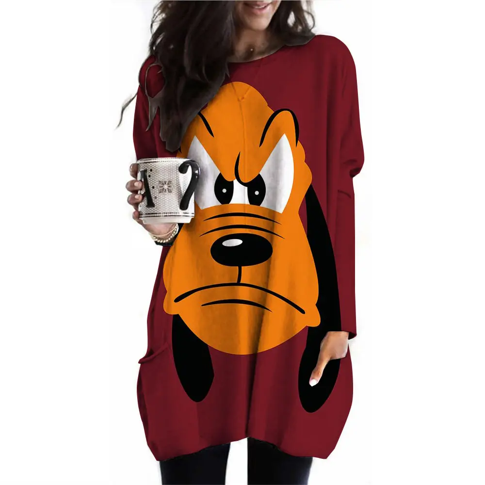 New Disney Goofy Women's T-shirt Casual Women's Pocket T-shirt Clothing Round Neck Pullover Oversized Sports Shirt Women's Autum