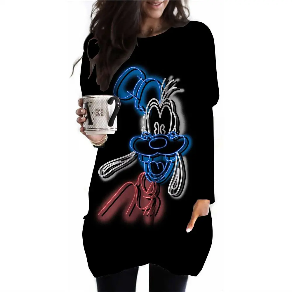 Women's casual Disney Goofy printed long sleeved round neck pocket T-shirt sports shirt women's T-shirt women's top