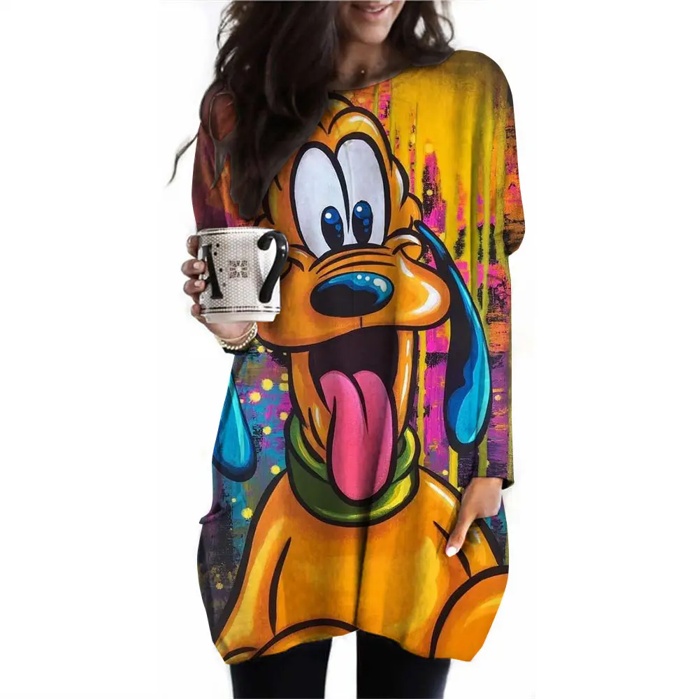 Women's casual Disney Goofy printed long sleeved round neck pocket T-shirt sports shirt women's T-shirt women's top