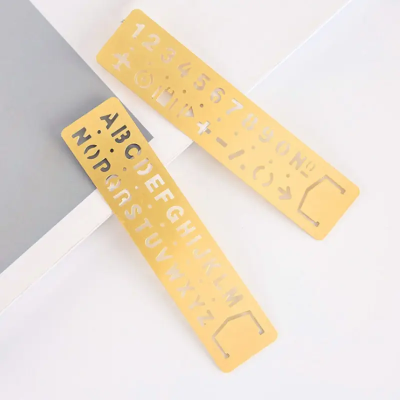 1Pc Multifunctional Drawing Stencil Bookmark Metal Hollow Straight Ruler Number Letter Pattern Bookmark Measuring Tool