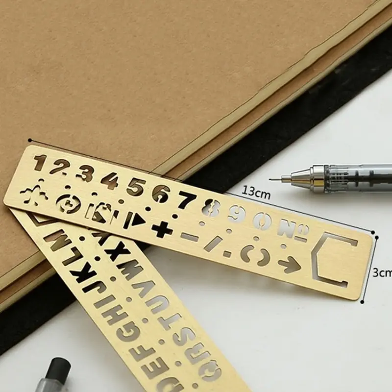 1Pc Multifunctional Drawing Stencil Bookmark Metal Hollow Straight Ruler Number Letter Pattern Bookmark Measuring Tool