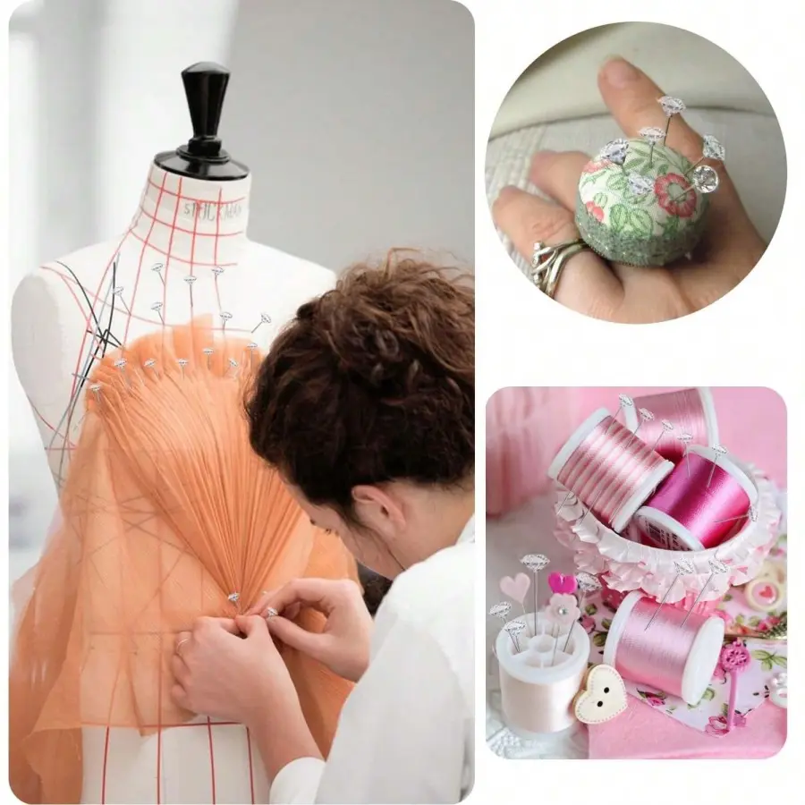 100pcs 8cm Alloy Pins Transparent Diamond Pins Wedding Bouquet Sewing Pins Plastic Box Sewing Accessories 1 Box