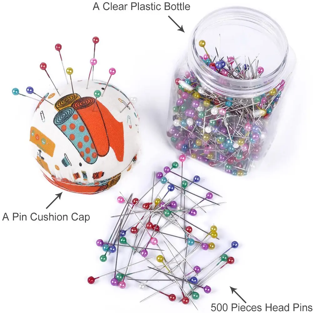 500Pcs Pearl Head Needle Quilting Pins Packed In Fabric Covered Pin Cushion Bottle Wedding Decorating Tool DIY Sewing Crafts