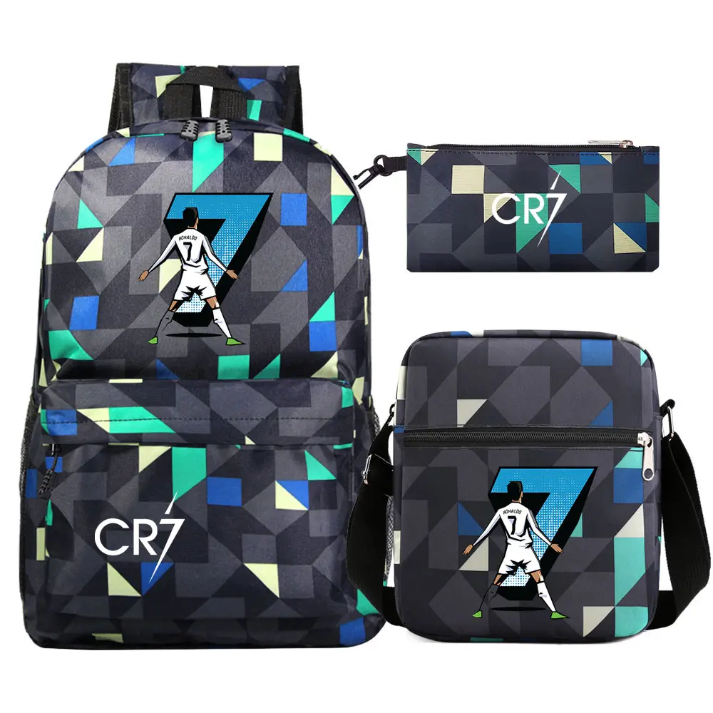 Football Star Cr7 3Pcs Boy Girl Back To School Book Bags, Student Shoulder Bag Pencil Case Backpack, Teenagers Mochila Men Women