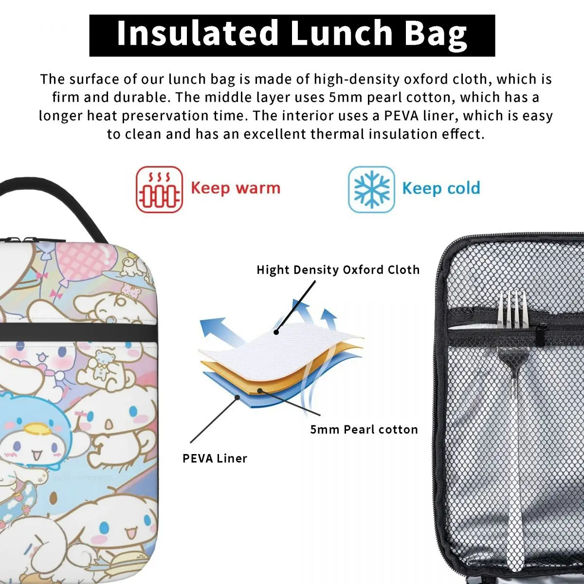 Cartoon Cinnamoroll Kawaii Insulated Lunch Bag Food Bag Portable Thermal Cooler Lunch Boxes For School Office