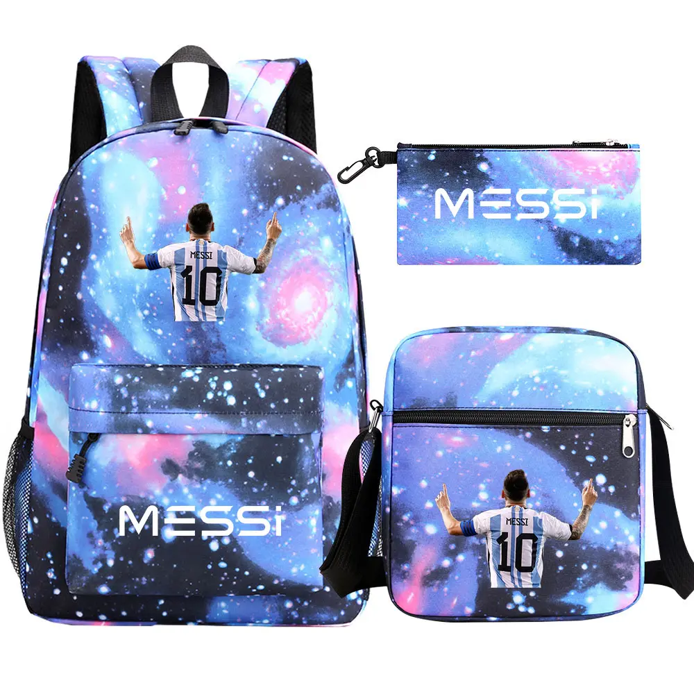 Football Star Messi 3Pcs Boy Girl Kids Back To School Book Bags Travel Student Backpack Shoulder Bag Pen Bags For Men Women