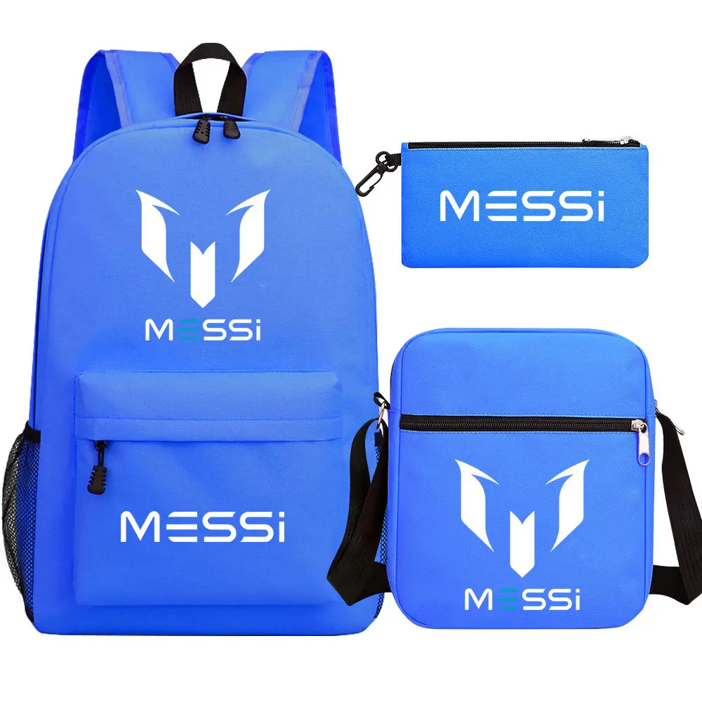 Football Star Messi 3Pcs Boy Girl Kids Back To School Book Bags Travel Student Backpack Shoulder Bag Pen Bags For Men Women
