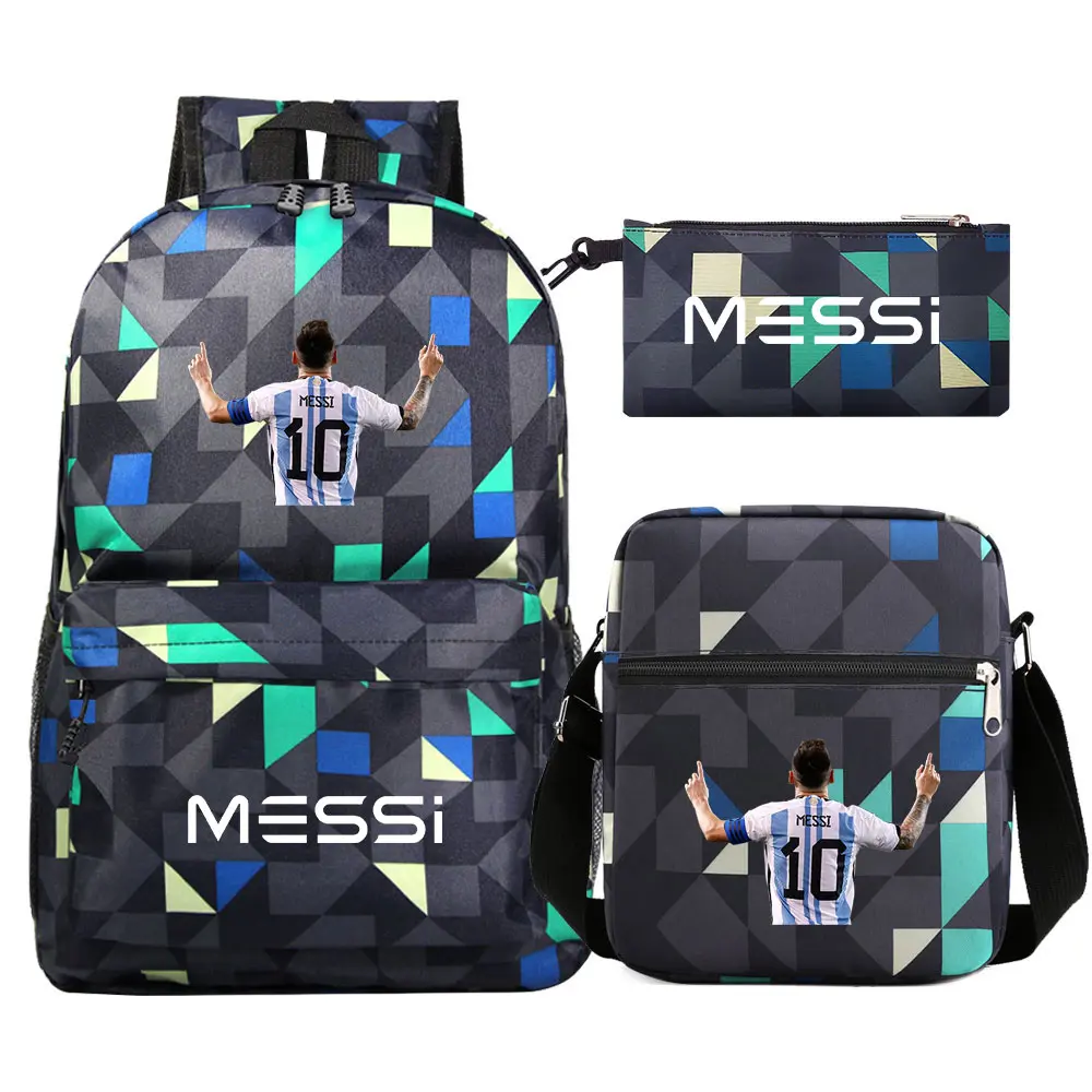 Football Star Messi 3Pcs Boy Girl Kids Back To School Book Bags Travel Student Backpack Shoulder Bag Pen Bags For Men Women