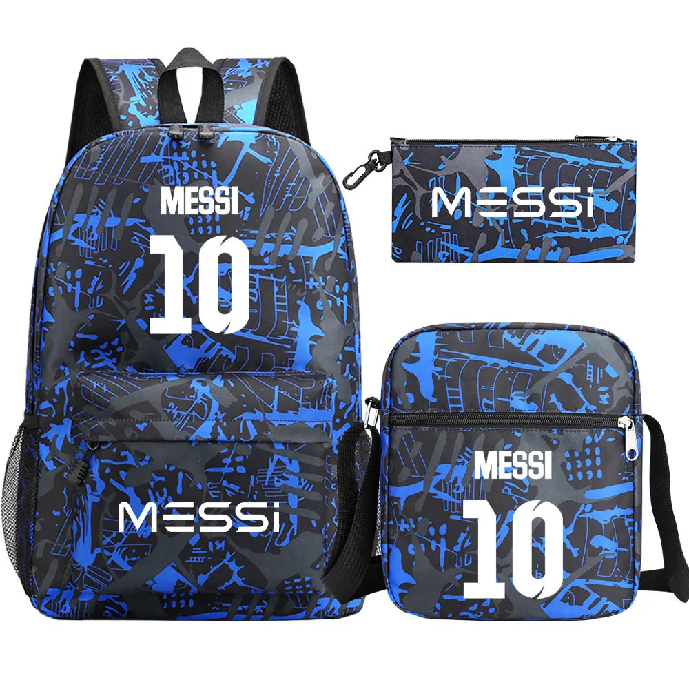 Football Star Messi 3Pcs Boy Girl Kids Back To School Book Bags Travel Student Backpack Shoulder Bag Pen Bags For Men Women