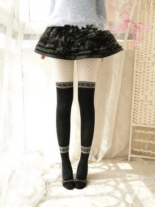 Spring Autumn Women Vintage Japanese Style Mori Kei Girls Choco Girl Color Block Polka Dots Jacquard Leggings Pantyhose Thights