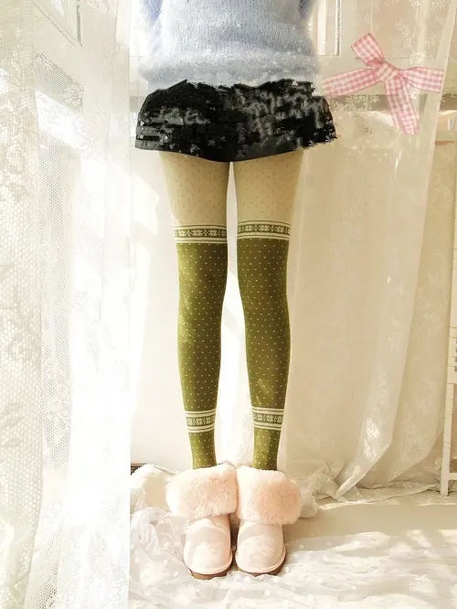 Spring Autumn Women Vintage Japanese Style Mori Kei Girls Choco Girl Color Block Polka Dots Jacquard Leggings Pantyhose Thights