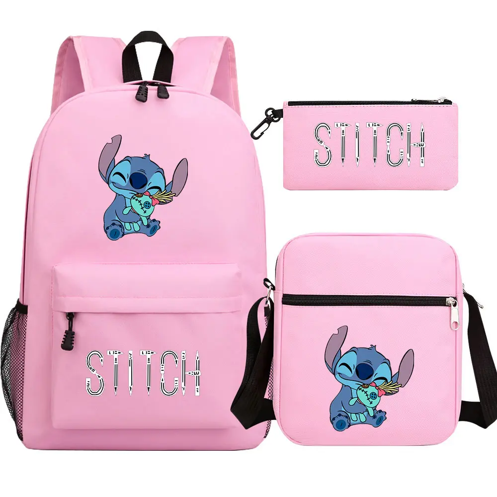 New Kawaii Lilo Stitch 3Pcs Boy Girl Kids School Book Bags Teenager Travel Backpack Shoulder  Bag Pen Bags