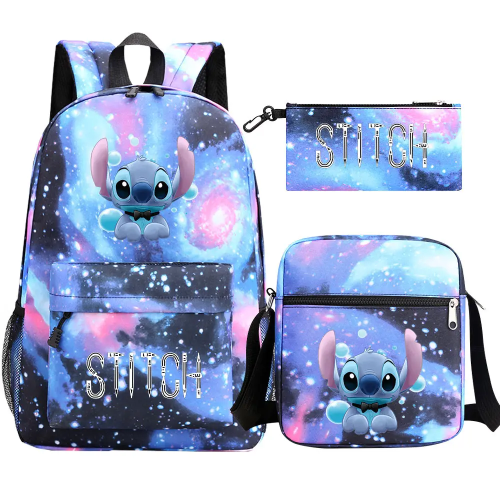 New Kawaii Lilo Stitch 3Pcs Boy Girl Kids School Book Bags Teenager Travel Backpack Shoulder  Bag Pen Bags