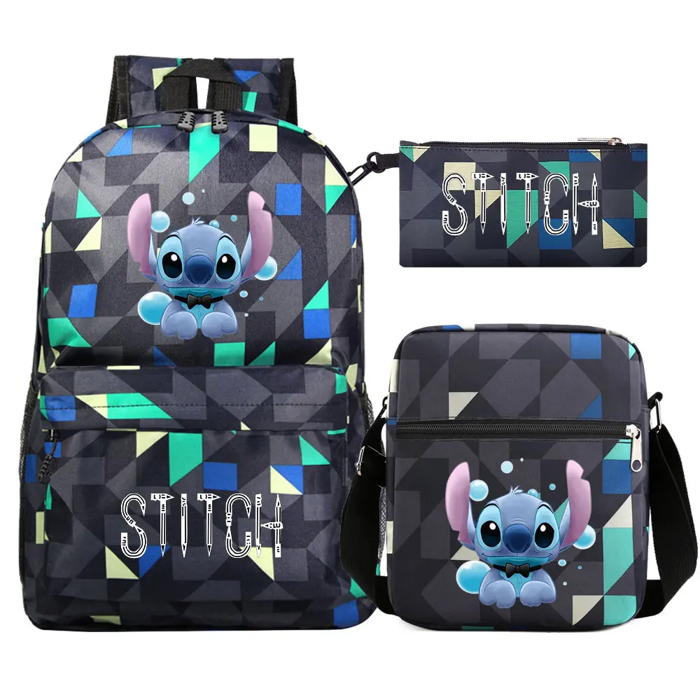 New Kawaii Lilo Stitch 3Pcs Boy Girl Kids School Book Bags Teenager Travel Backpack Shoulder  Bag Pen Bags