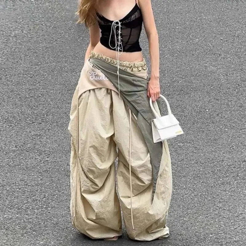 DEAT Fashion Contast Color Patchwork Trousers Women's Elastic High Waist Loose Wide Leg Streetwear Cargo Pants New