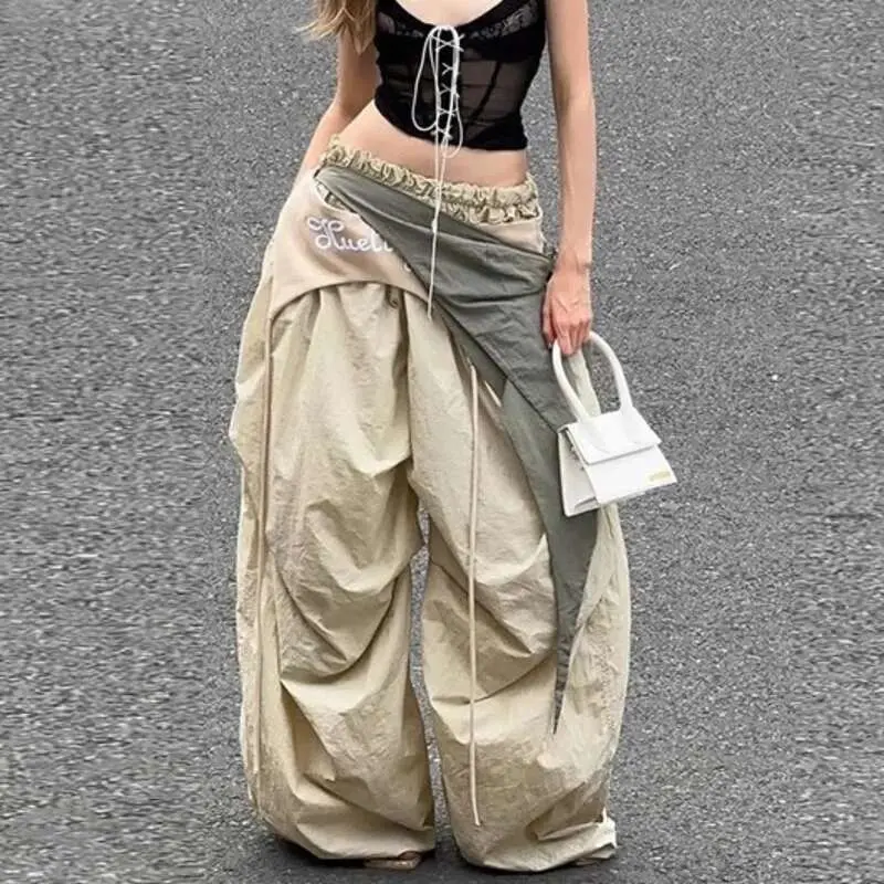 DEAT Fashion Contast Color Patchwork Trousers Women's Elastic High Waist Loose Wide Leg Streetwear Cargo Pants New